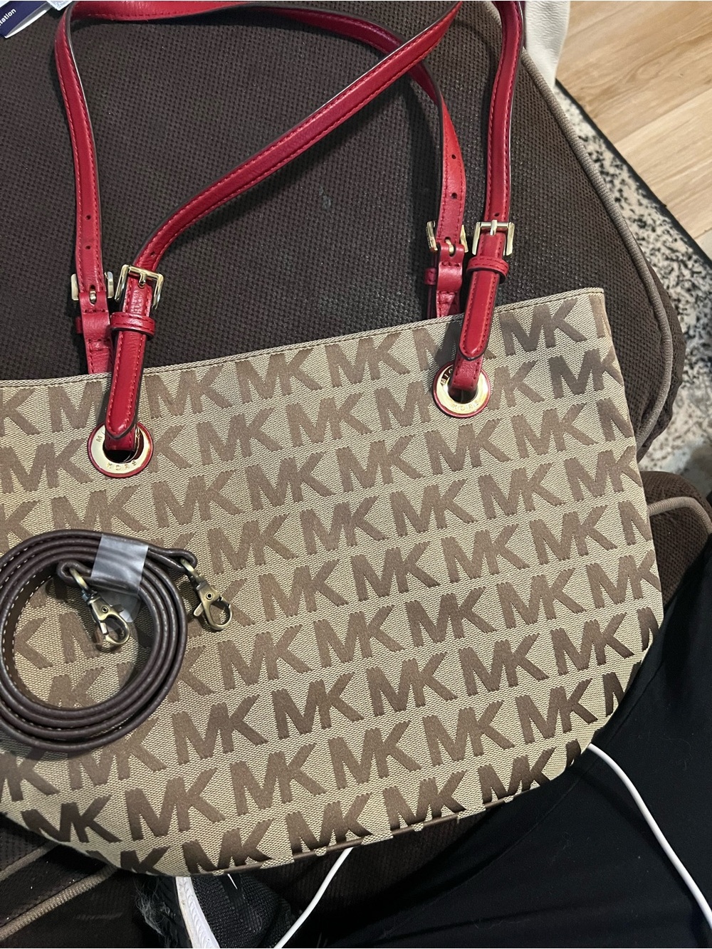 Michael Kors Brown Monogram Shoulder Bag with Red Straps (Authentic)